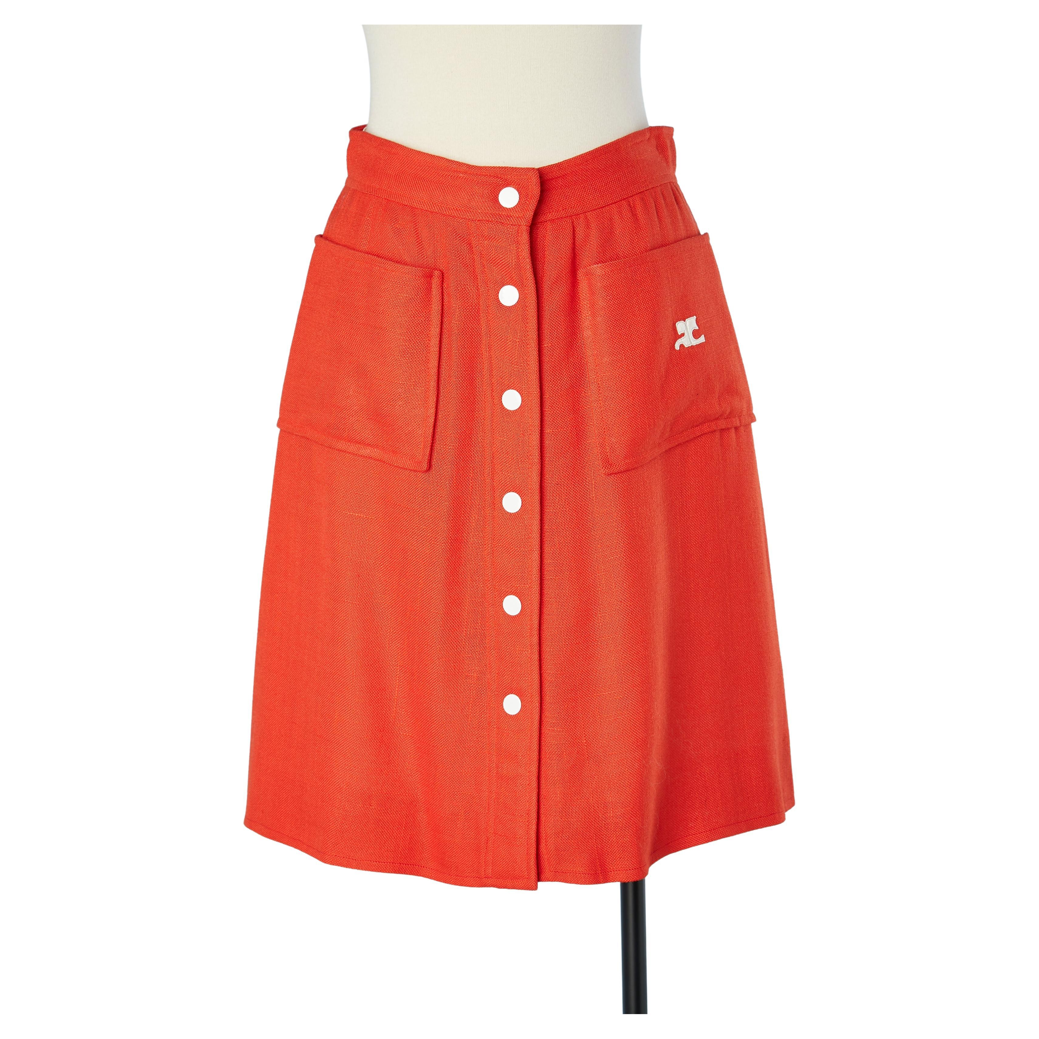 Orange acetate A Line skirt with white snaps middle front Courrèges  For Sale