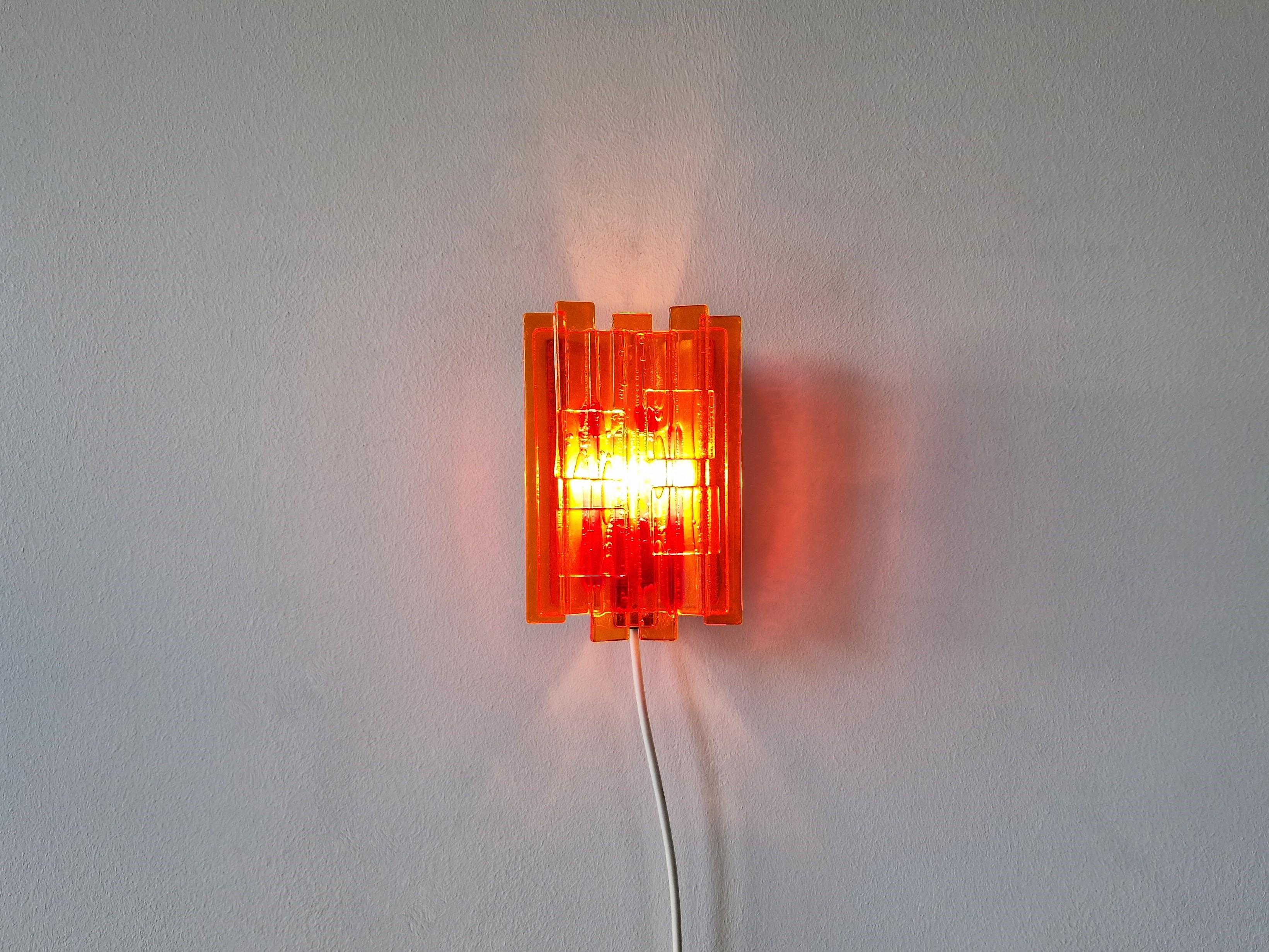 Orange Acrylic and Metal Wall Lamp by Claus Bolby for Cebo Industri, Denmark For Sale 1