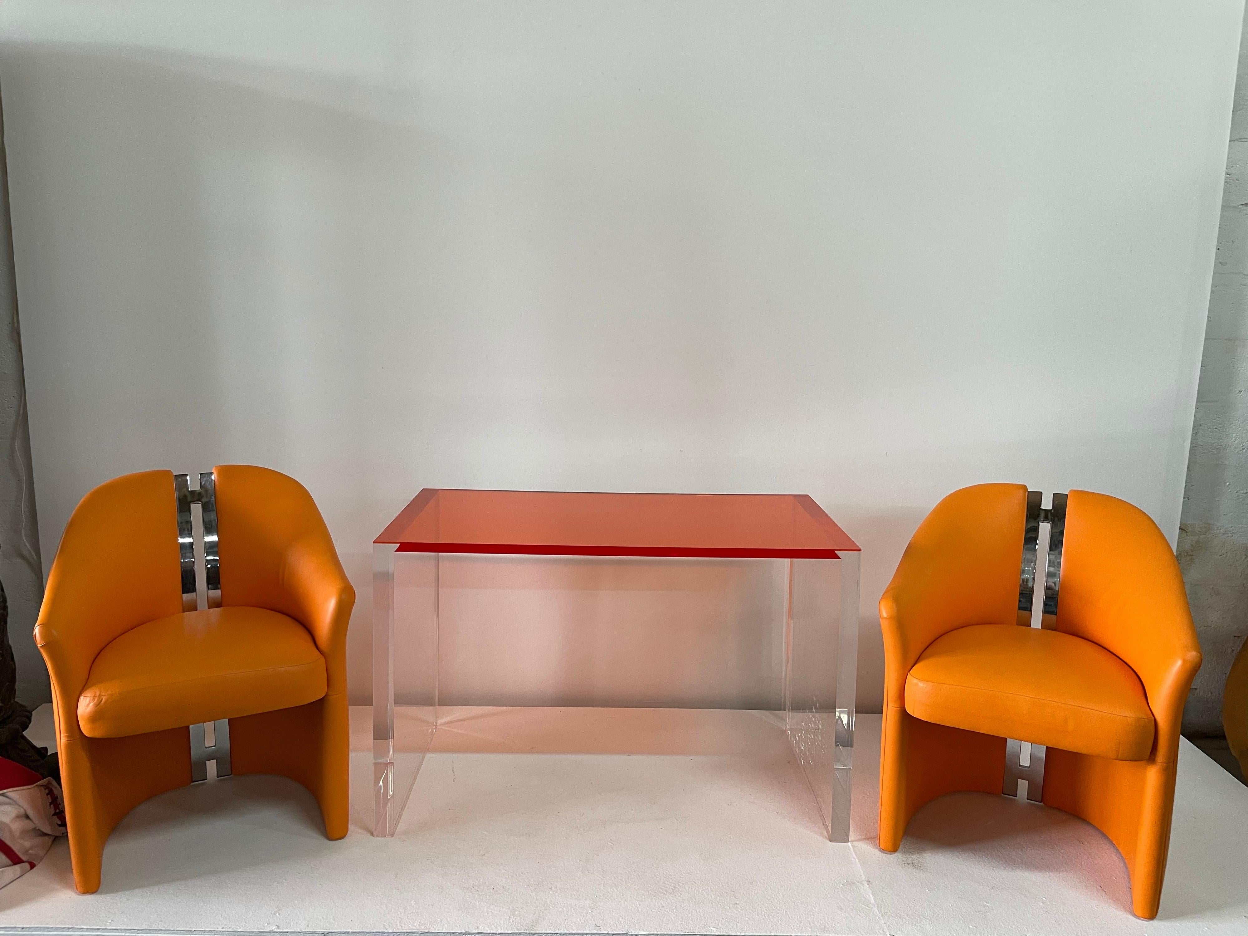 Orange Acrylic Top Desk/ Game Table In Excellent Condition For Sale In East Hampton, NY