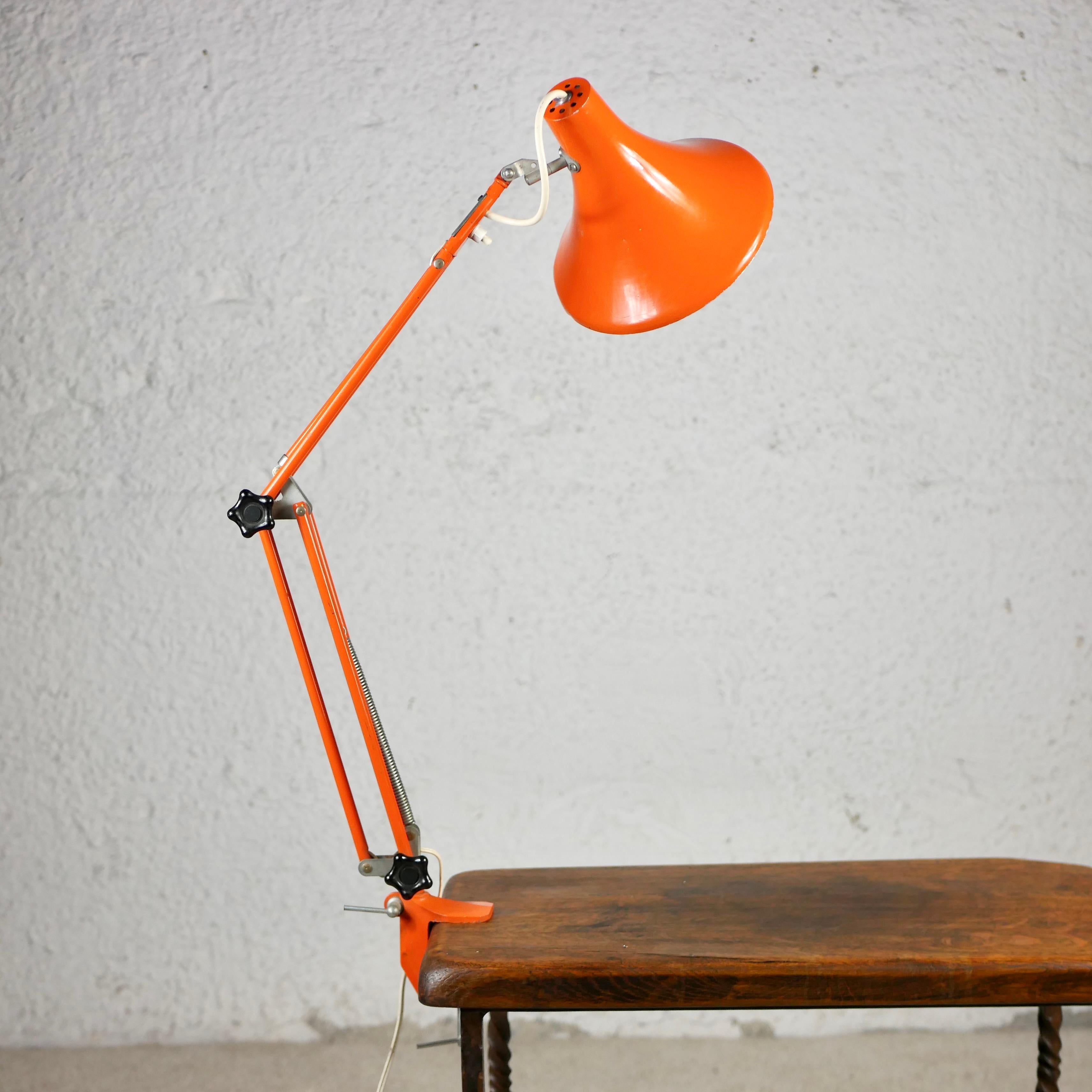 Industrial Orange adjustable Luxo style desk lamp, 1970s, France