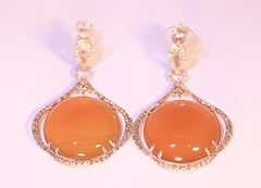 Orange Agate White and Brown Diamond Dangle Earrings 14 Karat Yellow Gold