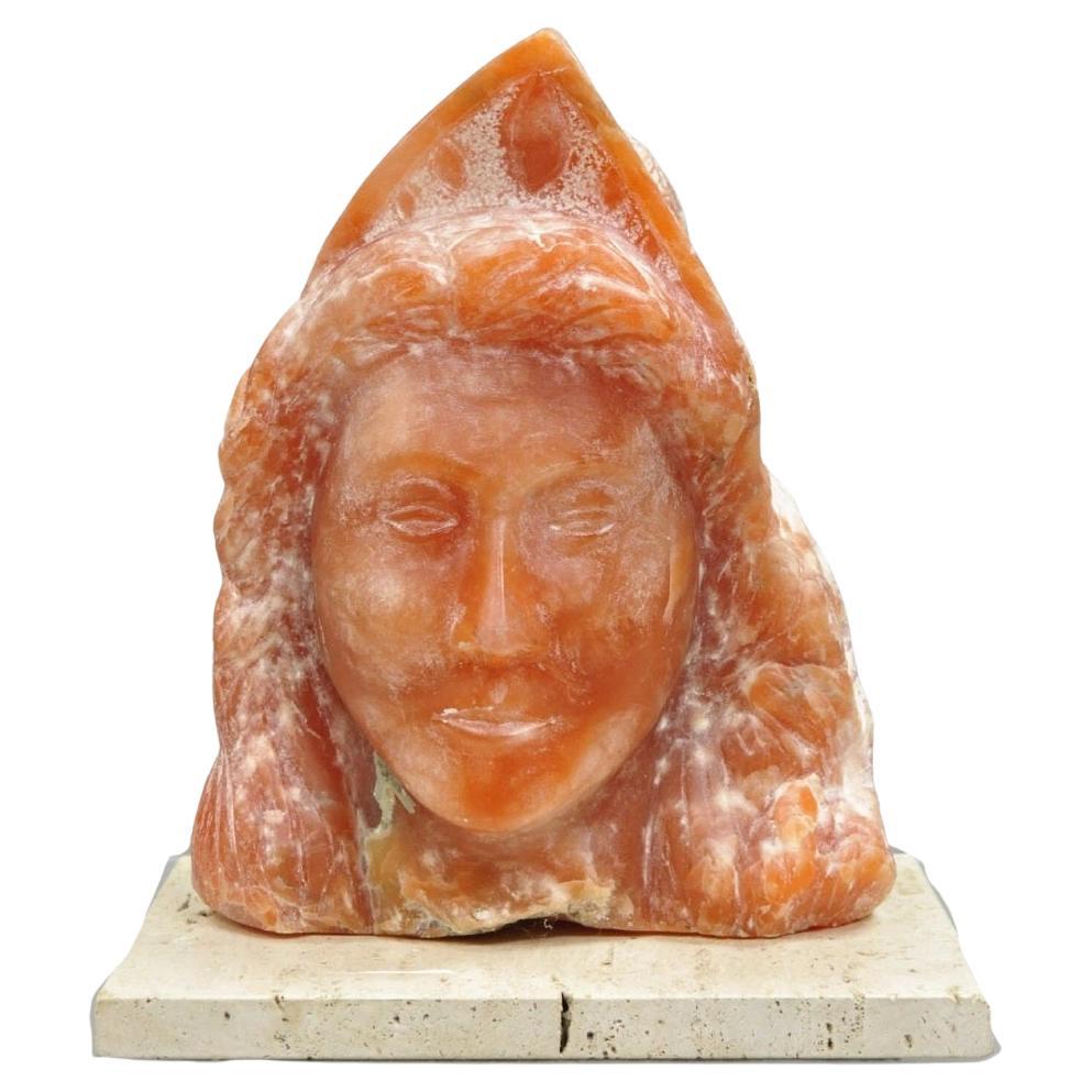 Orange Alabaster "Native American Woman" Bust Sculpture on Travertine Base