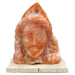 Orange Alabaster "Native American Woman" Bust Sculpture on Travertine Base