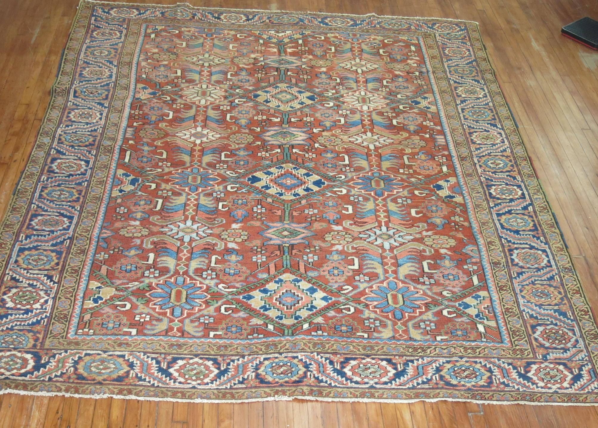Hand-Woven Orange Antique Persian Heriz Carpet For Sale