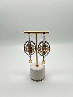 Orange Amber Citrine Black Brown Diamond Halo 14K Yellow Gold Statement Earrings