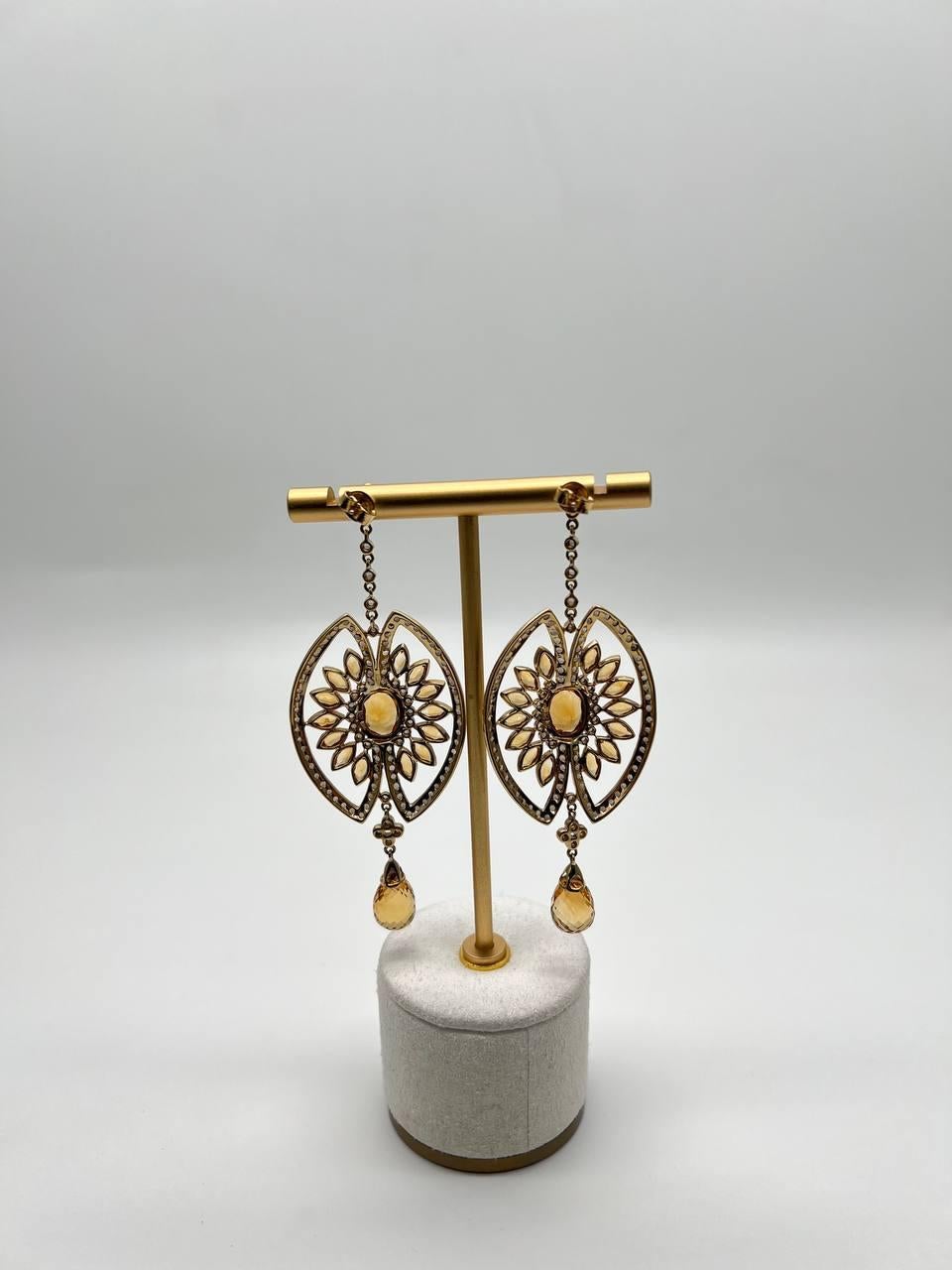 Mixed Cut Orange Amber Citrine Black Brown Diamond Halo 14K Yellow Gold Statement Earrings For Sale