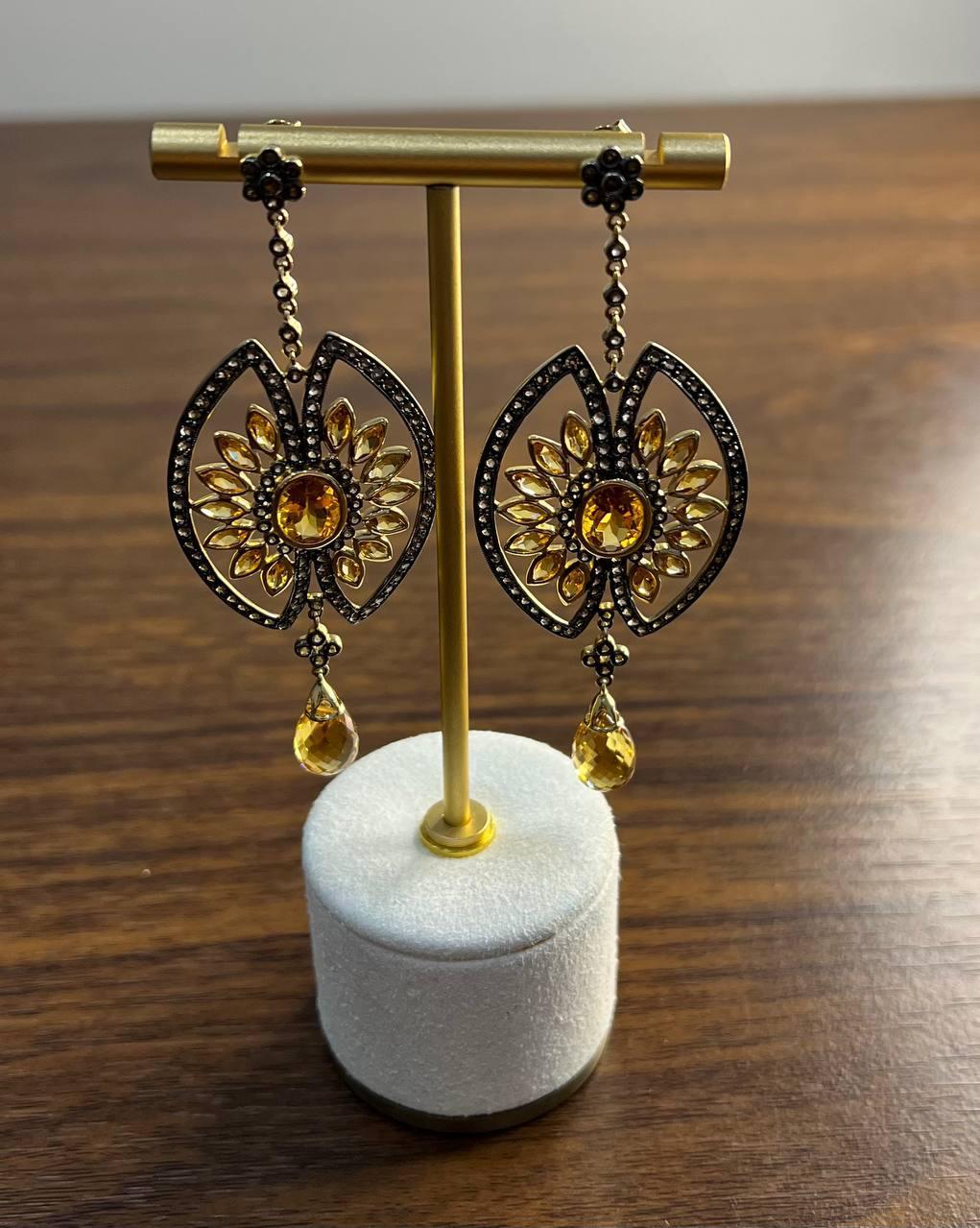 Women's Orange Amber Citrine Black Brown Diamond Halo 14K Yellow Gold Statement Earrings For Sale