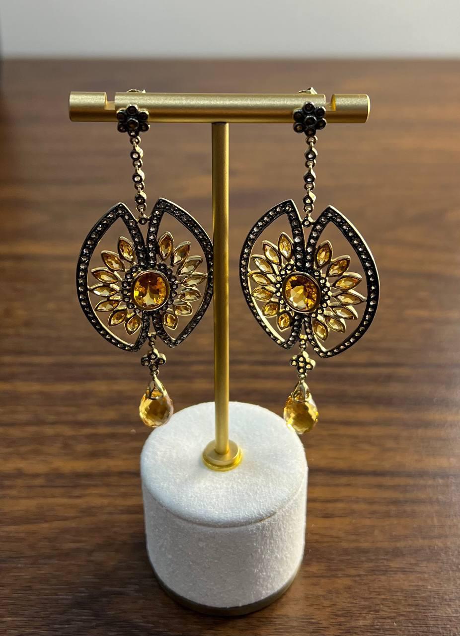 Orange Amber Citrine Black Brown Diamond Halo 14K Yellow Gold Statement Earrings For Sale 1