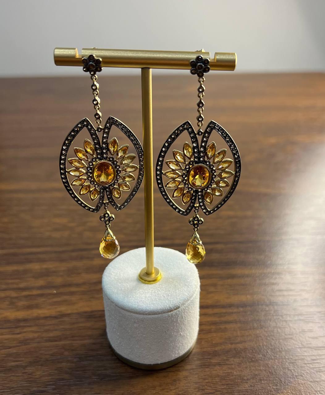 Orange Amber Citrine Black Brown Diamond Halo 14K Yellow Gold Statement Earrings For Sale 2