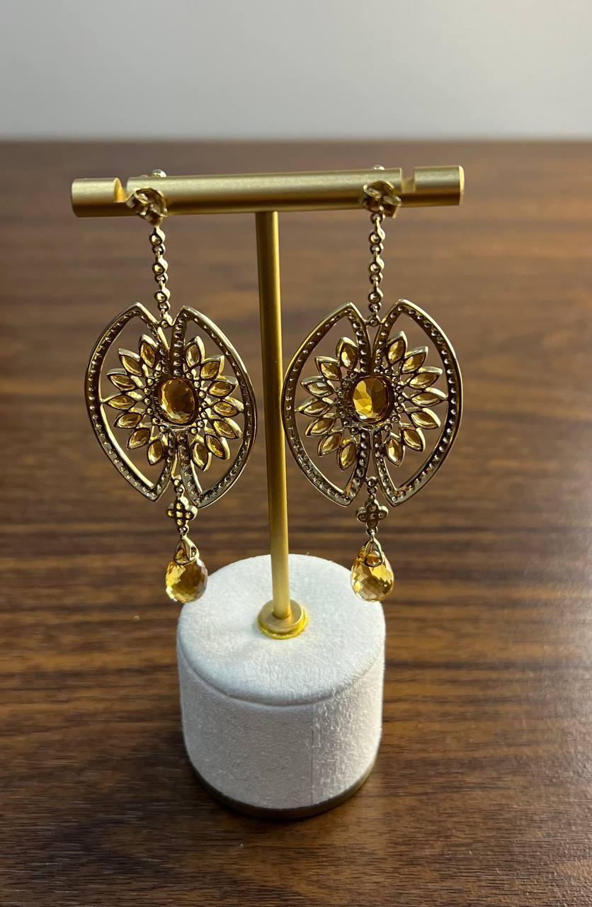 Orange Amber Citrine Black Brown Diamond Halo 14K Yellow Gold Statement Earrings For Sale 3