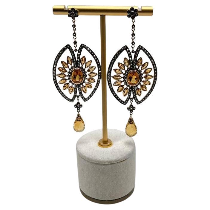 Orange Amber Citrine Black Brown Diamond Halo 14K Yellow Gold Statement Earrings