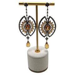 Orange Amber Citrine Black Brown Diamond Halo 14K Yellow Gold Statement Earrings