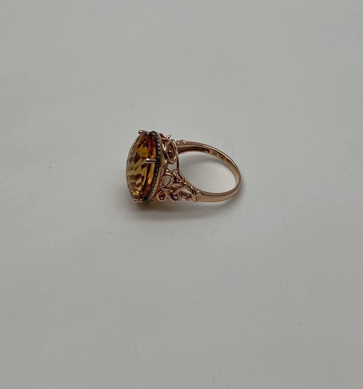Modern Orange Amber Citrine Black Diamond Halo Set Rose Gold Statement Cocktail Ring For Sale
