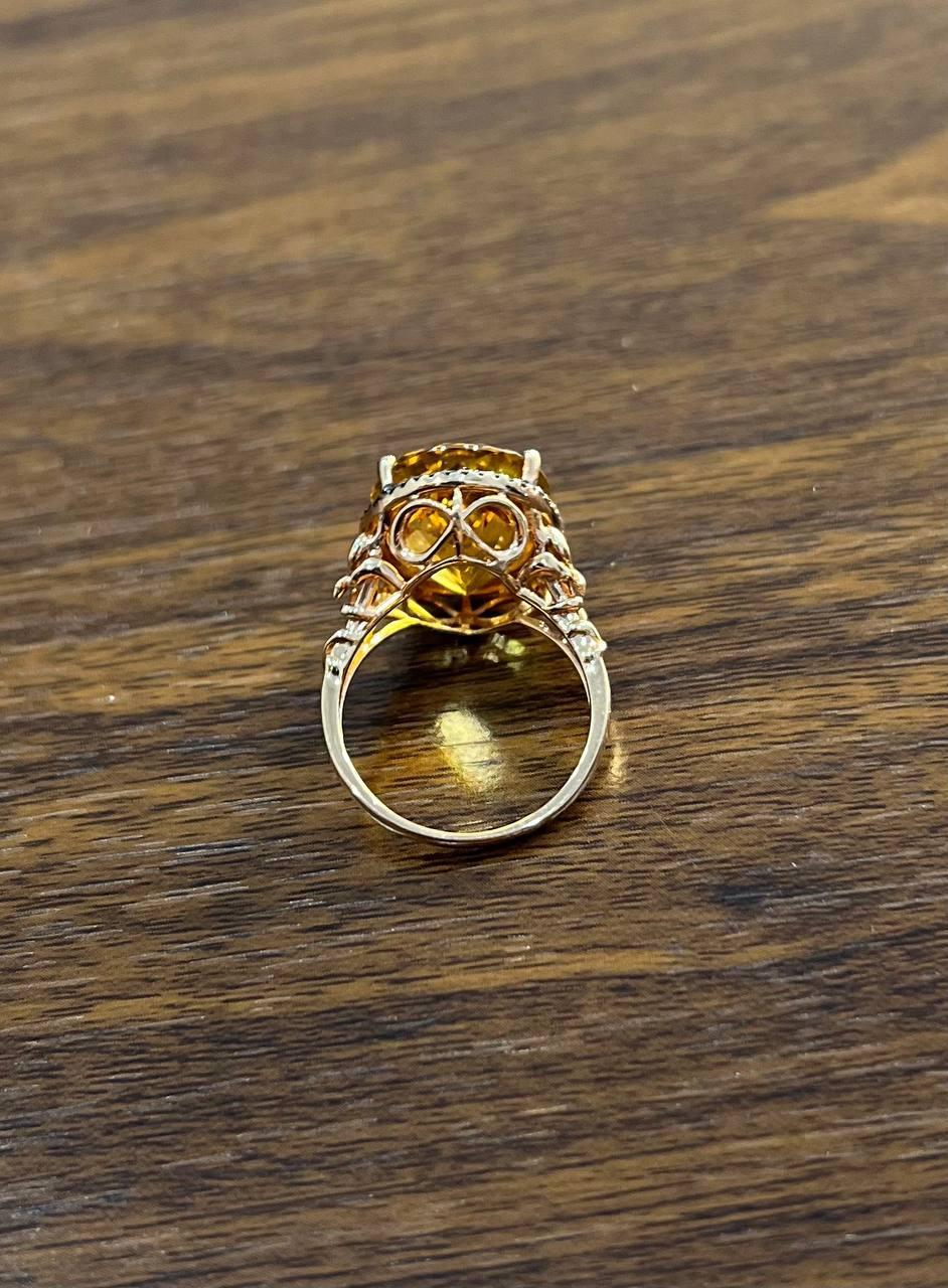 Women's or Men's Orange Amber Citrine Black Diamond Halo Set Rose Gold Statement Cocktail Ring For Sale