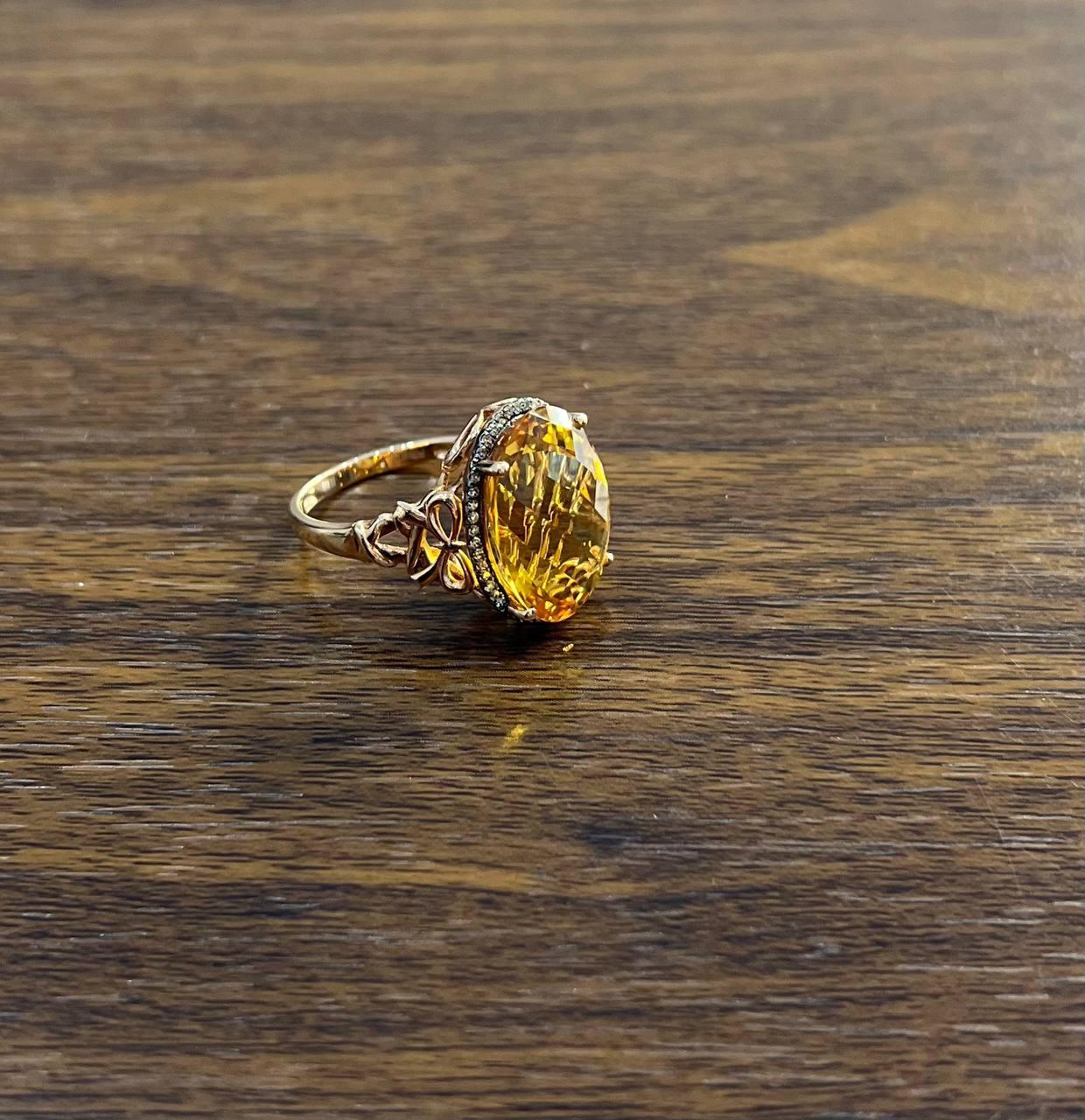 Orange Amber Citrine Black Diamond Halo Set Rose Gold Statement Cocktail Ring For Sale 1