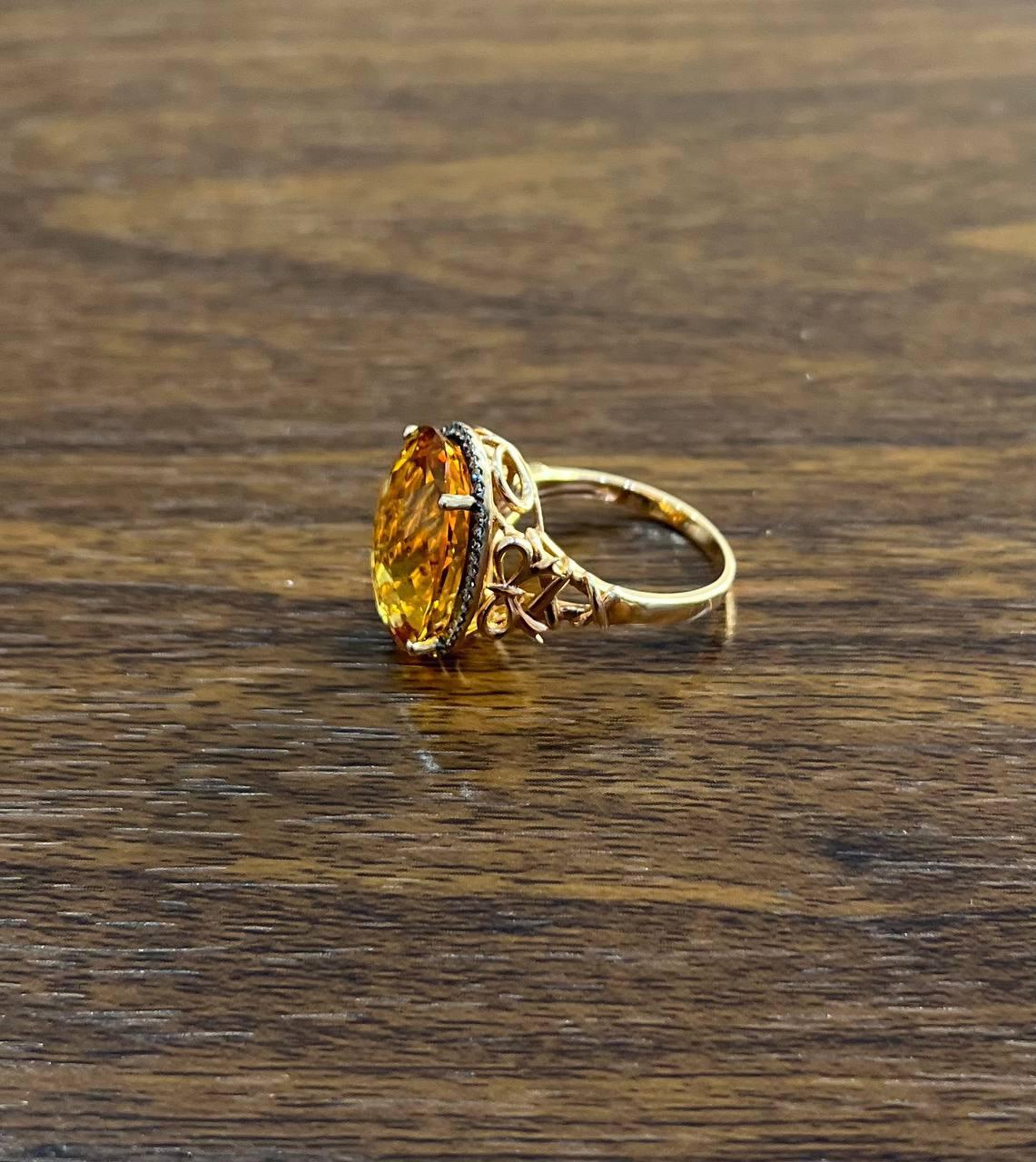 Orange Amber Citrine Black Diamond Halo Set Rose Gold Statement Cocktail Ring For Sale 2