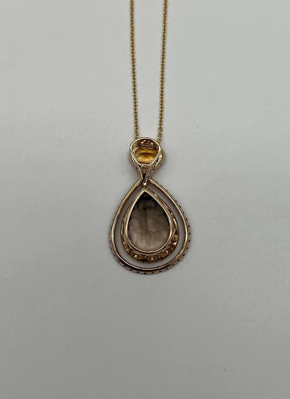 Mixed Cut Orange Amber Citrine Brown Smoky Quartz 14KYellow Gold Diamonds Pendant Necklace For Sale