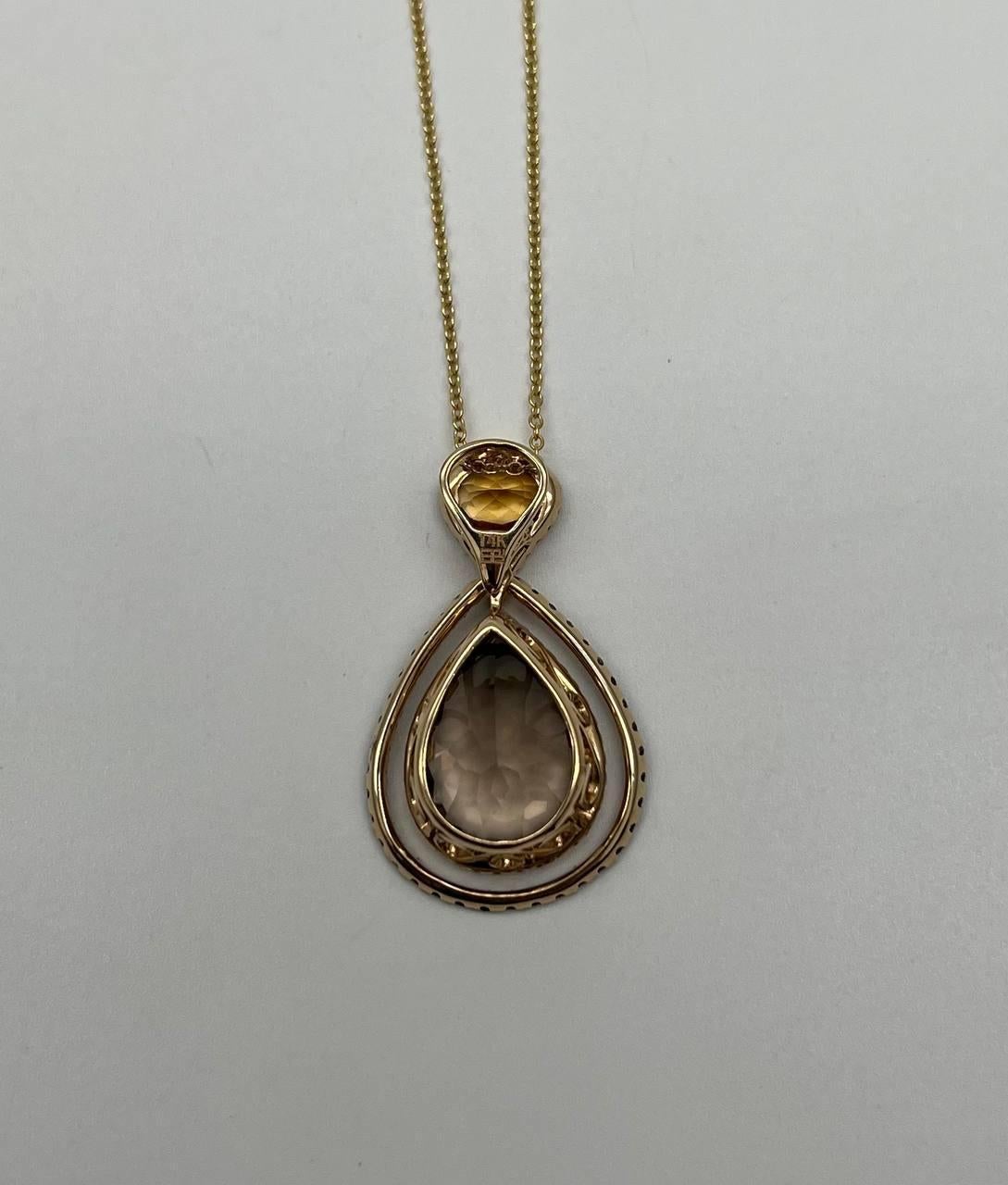 Orange Amber Citrine Brown Smoky Quartz 14KYellow Gold Diamonds Pendant Necklace In New Condition For Sale In Oakton, VA