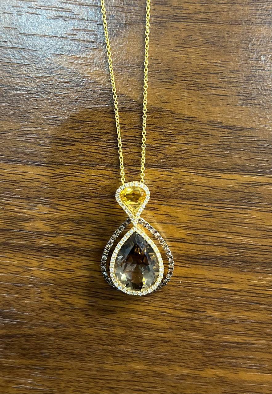Women's Orange Amber Citrine Brown Smoky Quartz 14KYellow Gold Diamonds Pendant Necklace For Sale