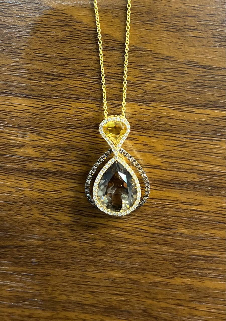 Orange Amber Citrine Brown Smoky Quartz 14KYellow Gold Diamonds Pendant Necklace For Sale 1