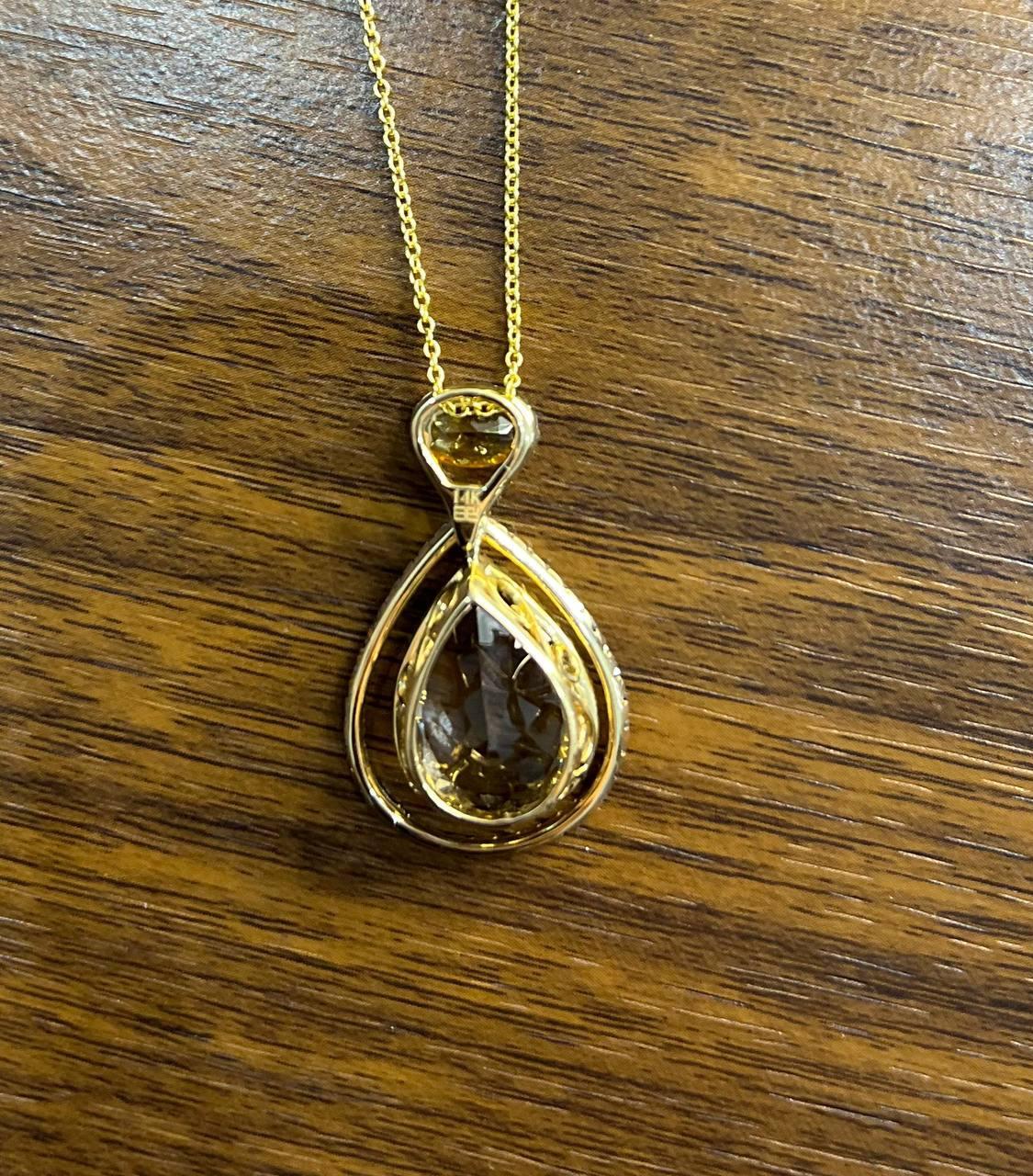 Orange Amber Citrine Brown Smoky Quartz 14KYellow Gold Diamonds Pendant Necklace For Sale 2