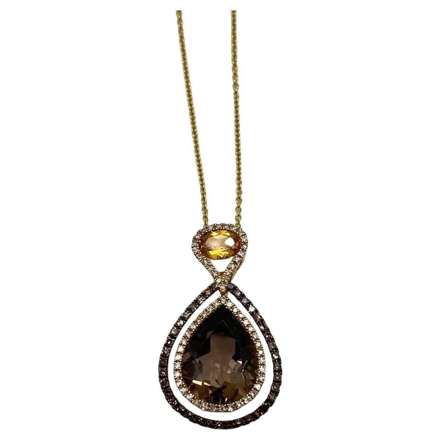 Orange Amber Citrine Brown Smoky Quartz 14KYellow Gold Diamonds Pendant Necklace