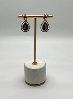 Orange Amber Citrines Brown Smoky Quartz 14K Yellow Gold Diamond Halo Earrings