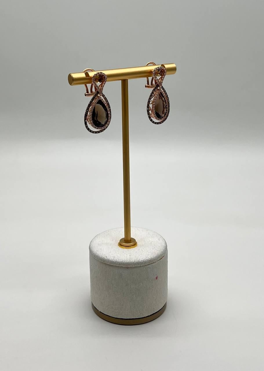Mixed Cut Orange Amber Citrines Brown Smoky Quartz 14K Yellow Gold Diamond Halo Earrings For Sale