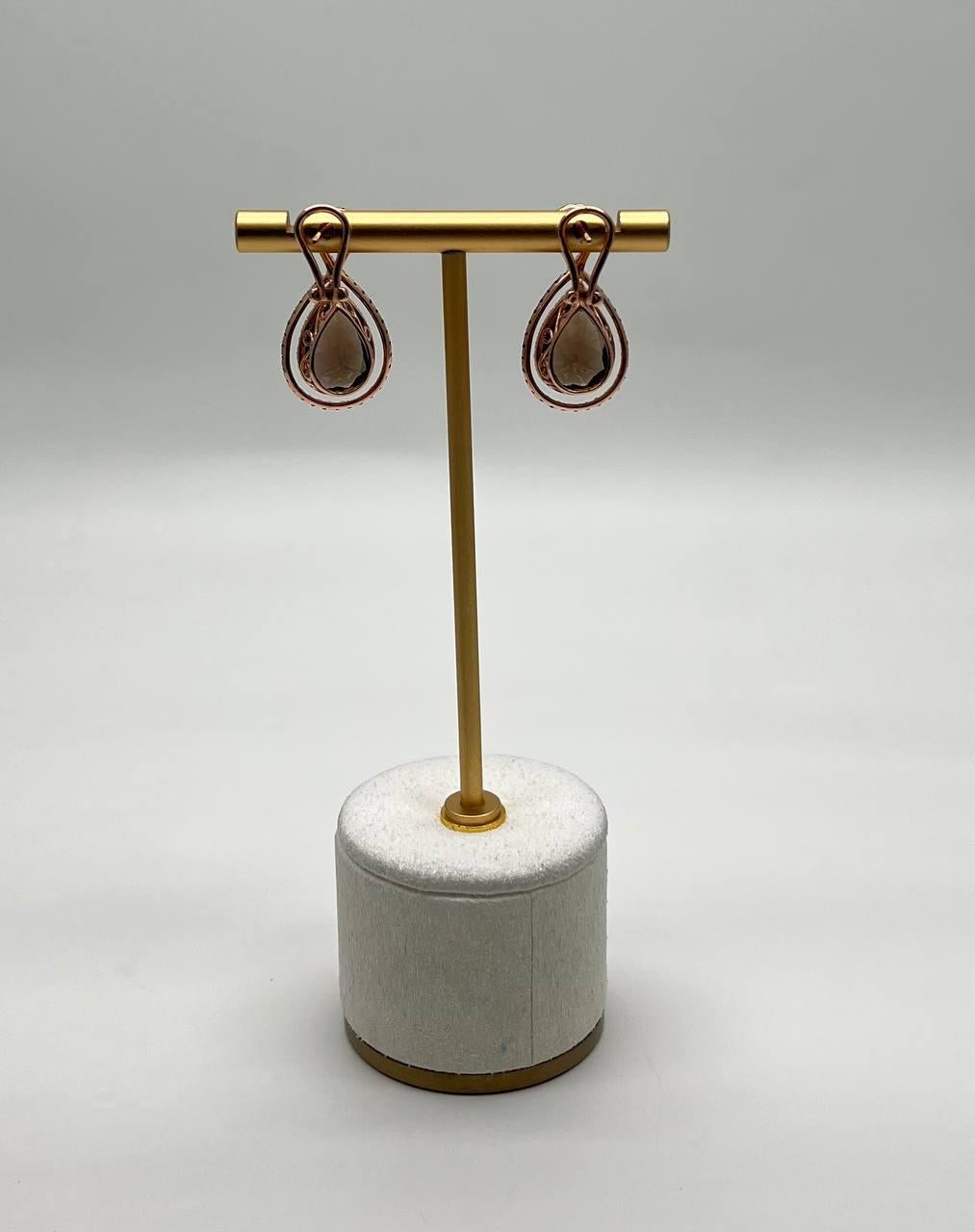 Women's Orange Amber Citrines Brown Smoky Quartz 14K Yellow Gold Diamond Halo Earrings For Sale