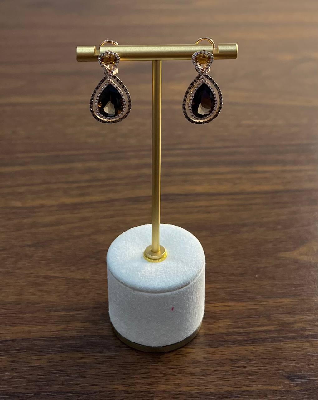 Orange Amber Citrines Brown Smoky Quartz 14K Yellow Gold Diamond Halo Earrings For Sale 2