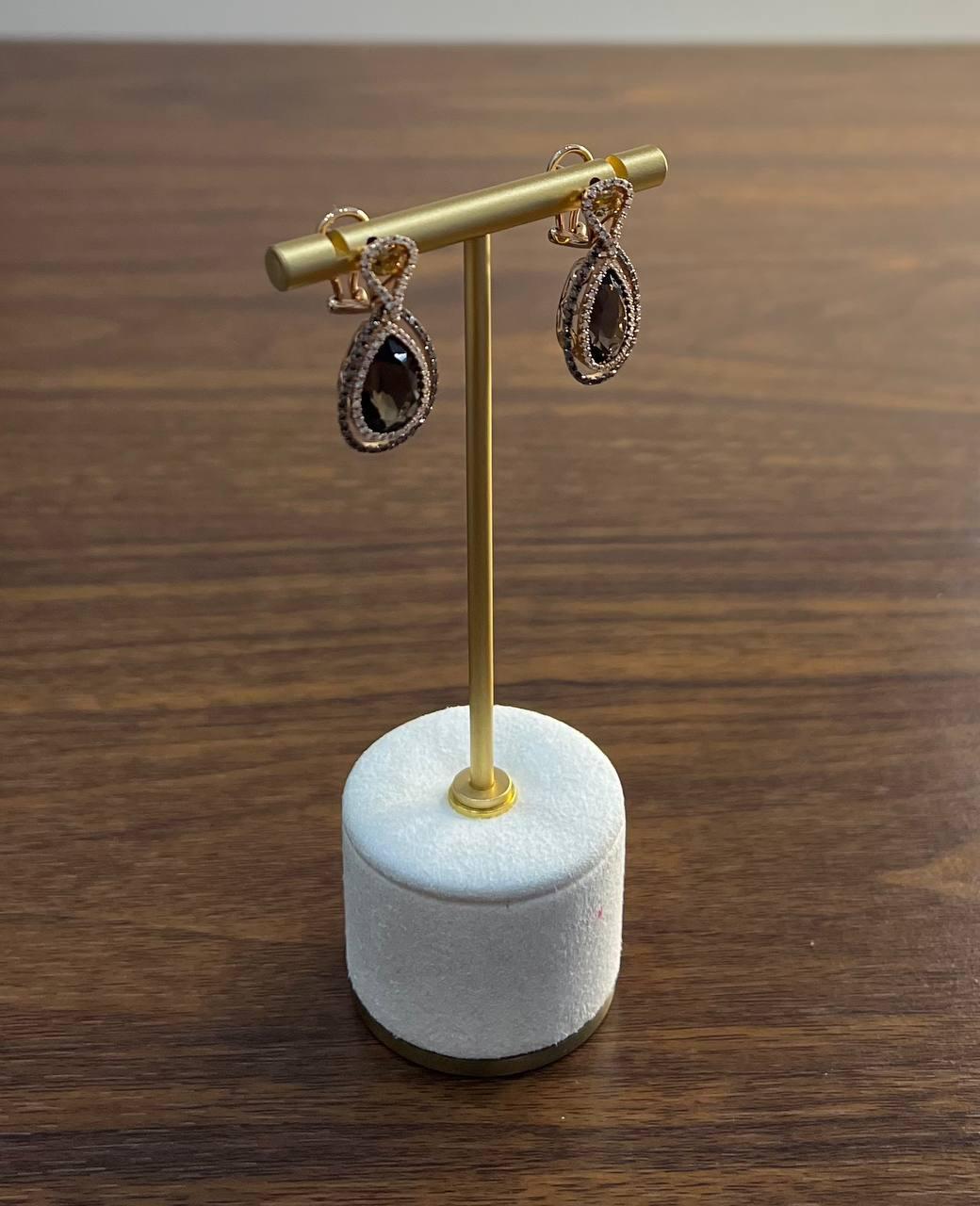 Orange Amber Citrines Brown Smoky Quartz 14K Yellow Gold Diamond Halo Earrings For Sale 3