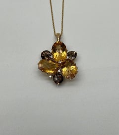 Orange-Bernstein-Citrine & Brown-Rauchquarz-Gelbgold-Cluster-Anhänger-Halskette
