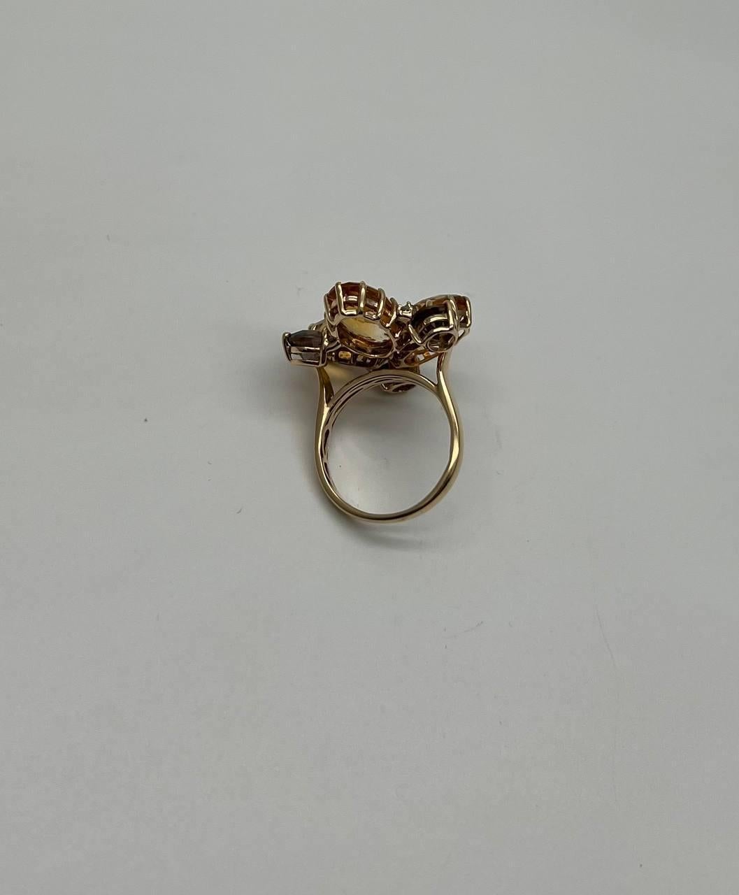 Orange Amber Citrines & Brown Smoky Quartz Yellow Gold Cluster Statement Ring In New Condition For Sale In Oakton, VA