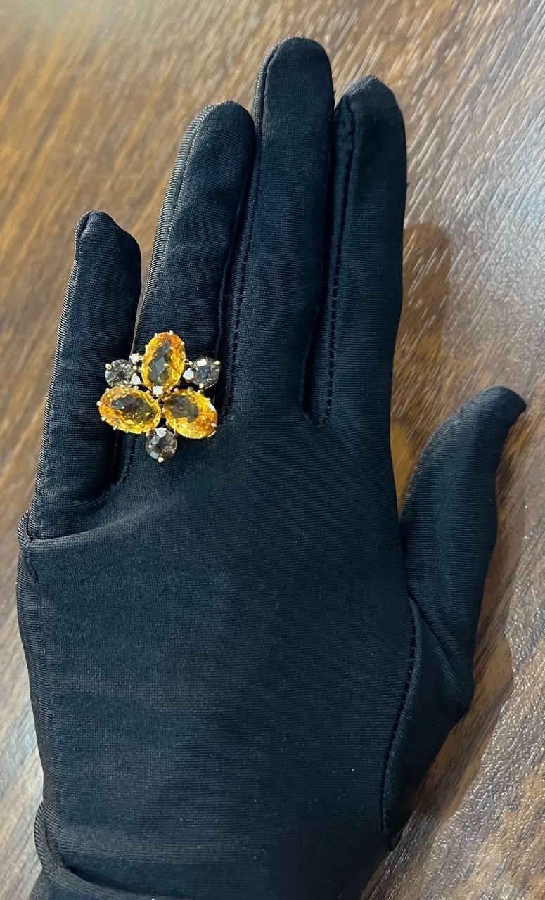 Orange Amber Citrines & Brown Smoky Quartz Yellow Gold Cluster Statement Ring For Sale 3