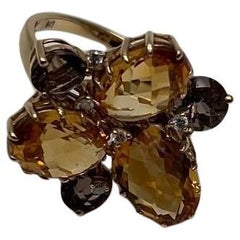 Orangefarbene Bernsteinzitrine & Brauner Rauchquarz Gelbgold Cluster Statement Ring
