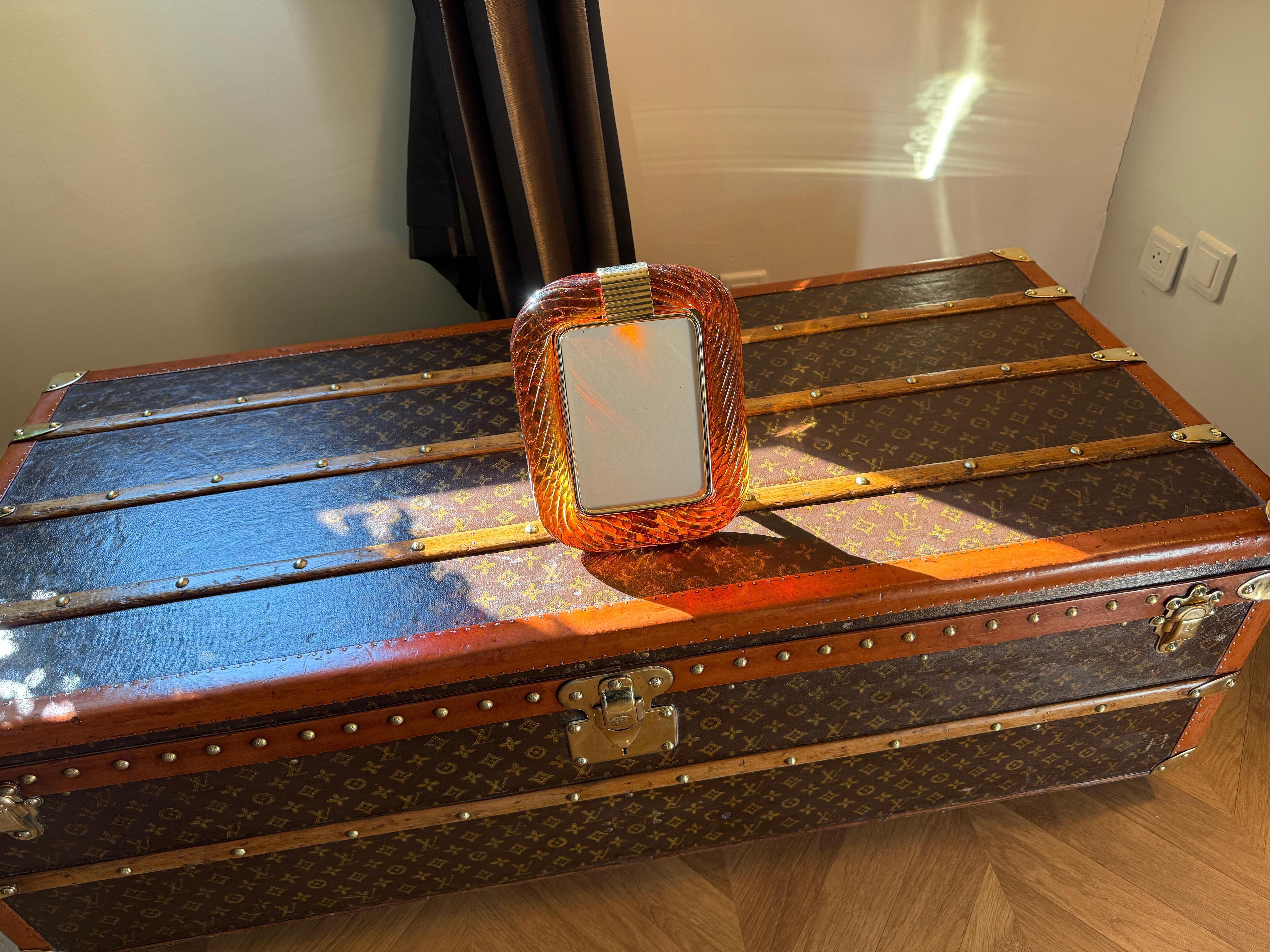 Marco de fotos naranja ámbar dorado trenzado de cristal de Murano y latón en venta 3