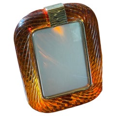 Orange Amber Gold Twisted Murano Glass and Brass Photo Frame