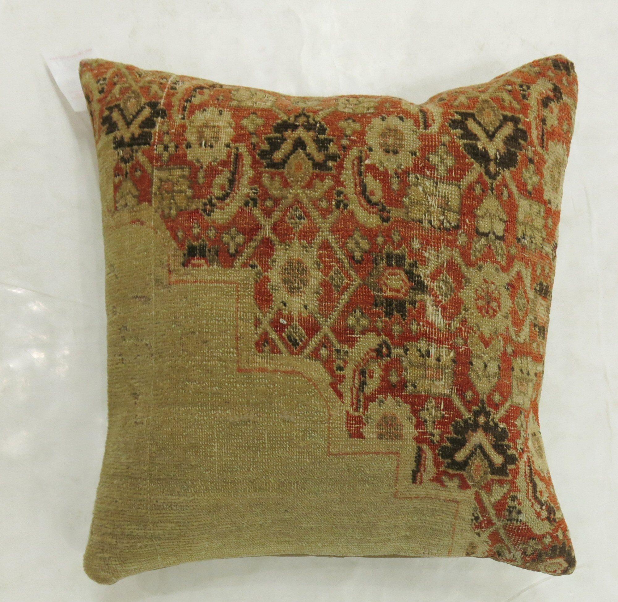 Hand-Woven Orange and Beige Antique Tabriz Square Rug Pillow