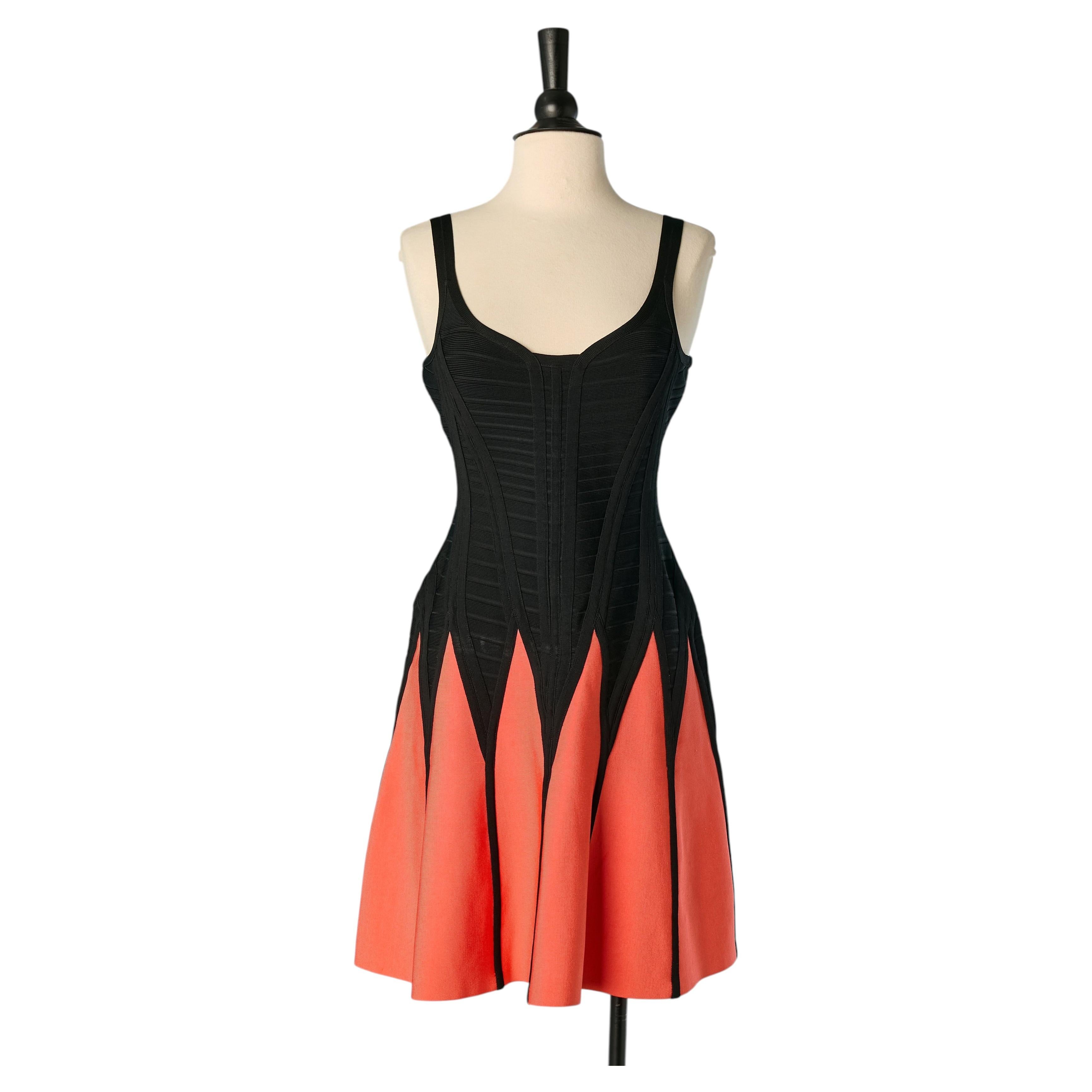 Orange and black rayon cocktail dress HERVE LEGER