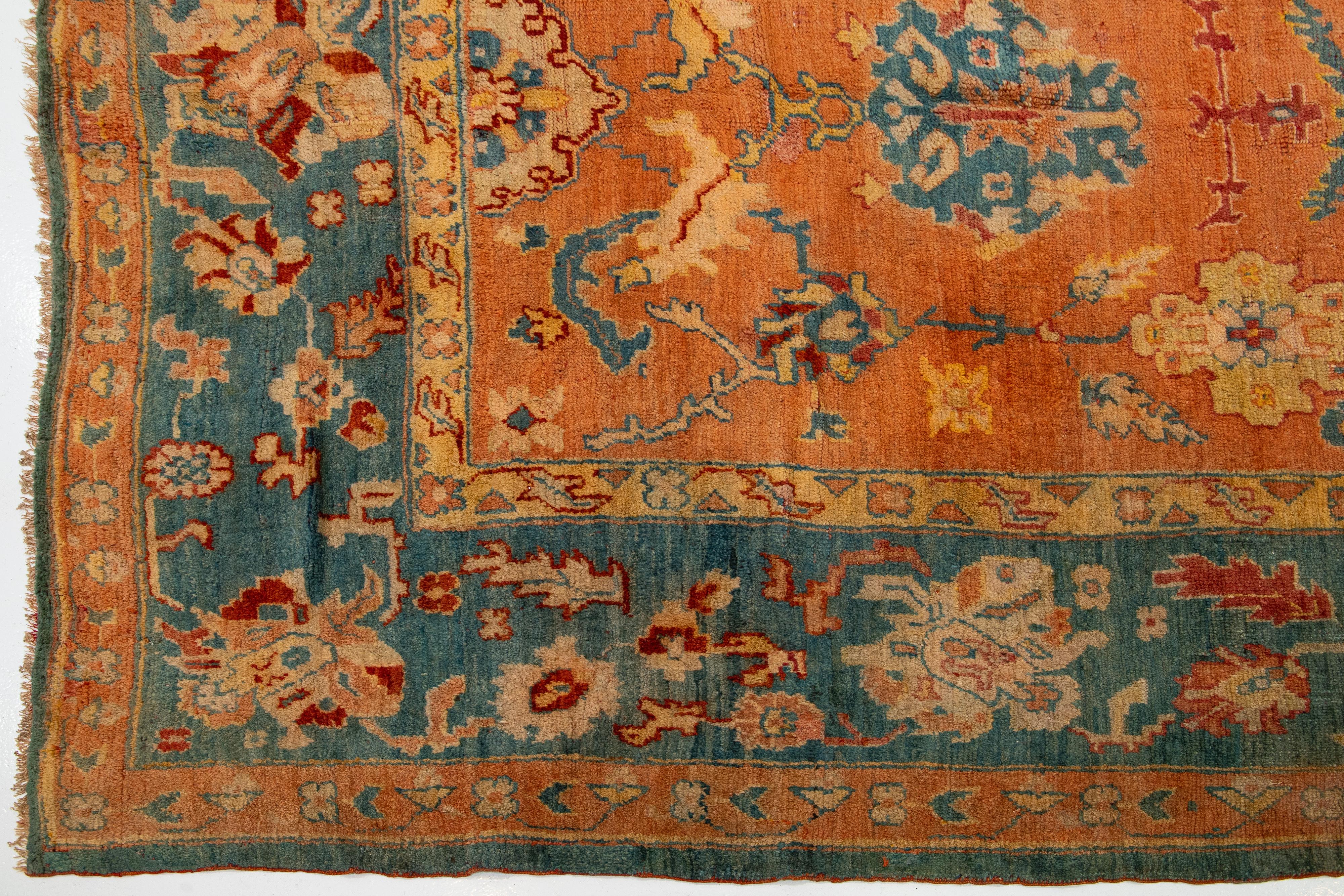 19th Century Orange and Blue Antique Turkish Oushak Wool Rug Handmade From the 1880s For Sale