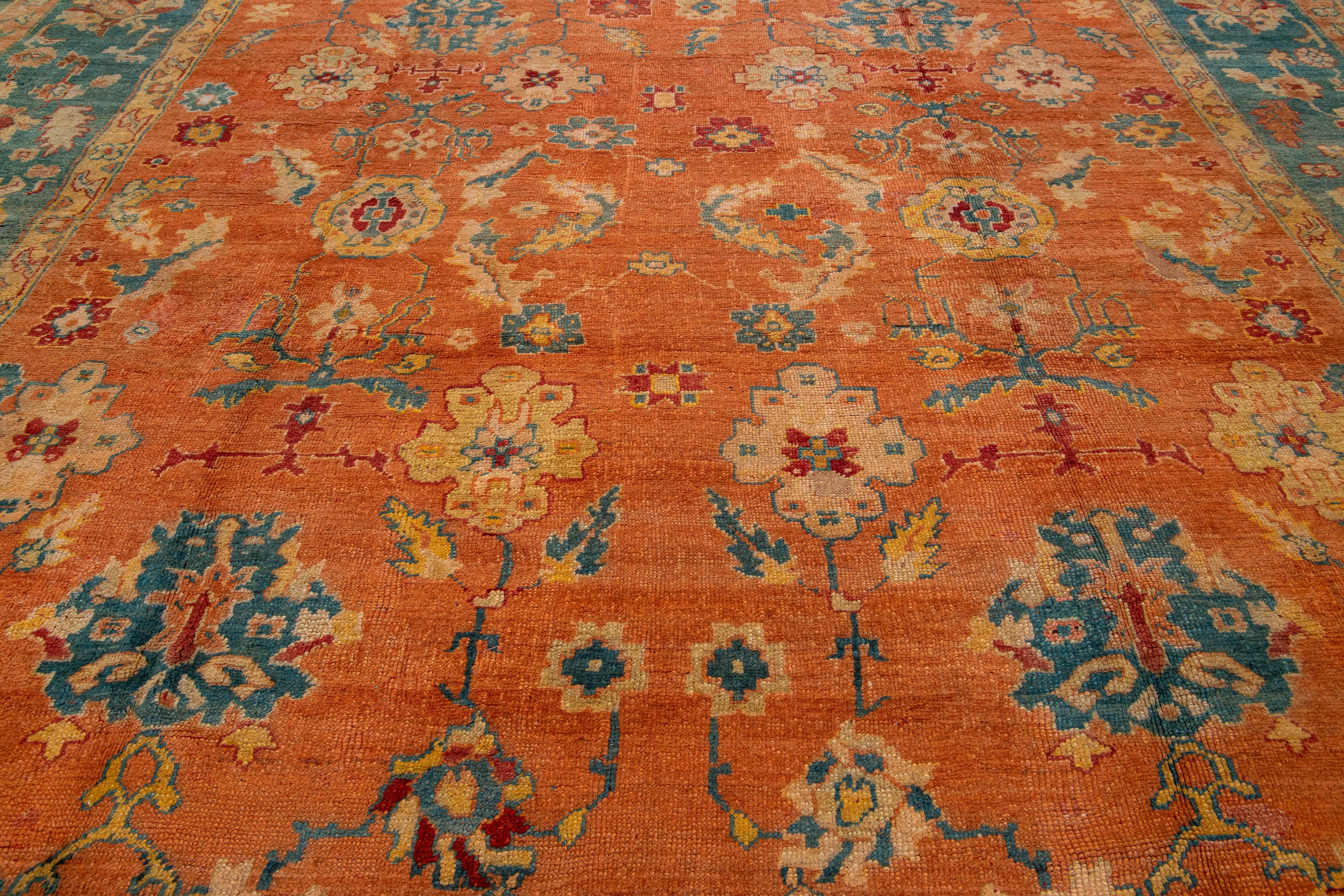 Orange and Blue Antique Turkish Oushak Wool Rug Handmade From the 1880s For Sale 1