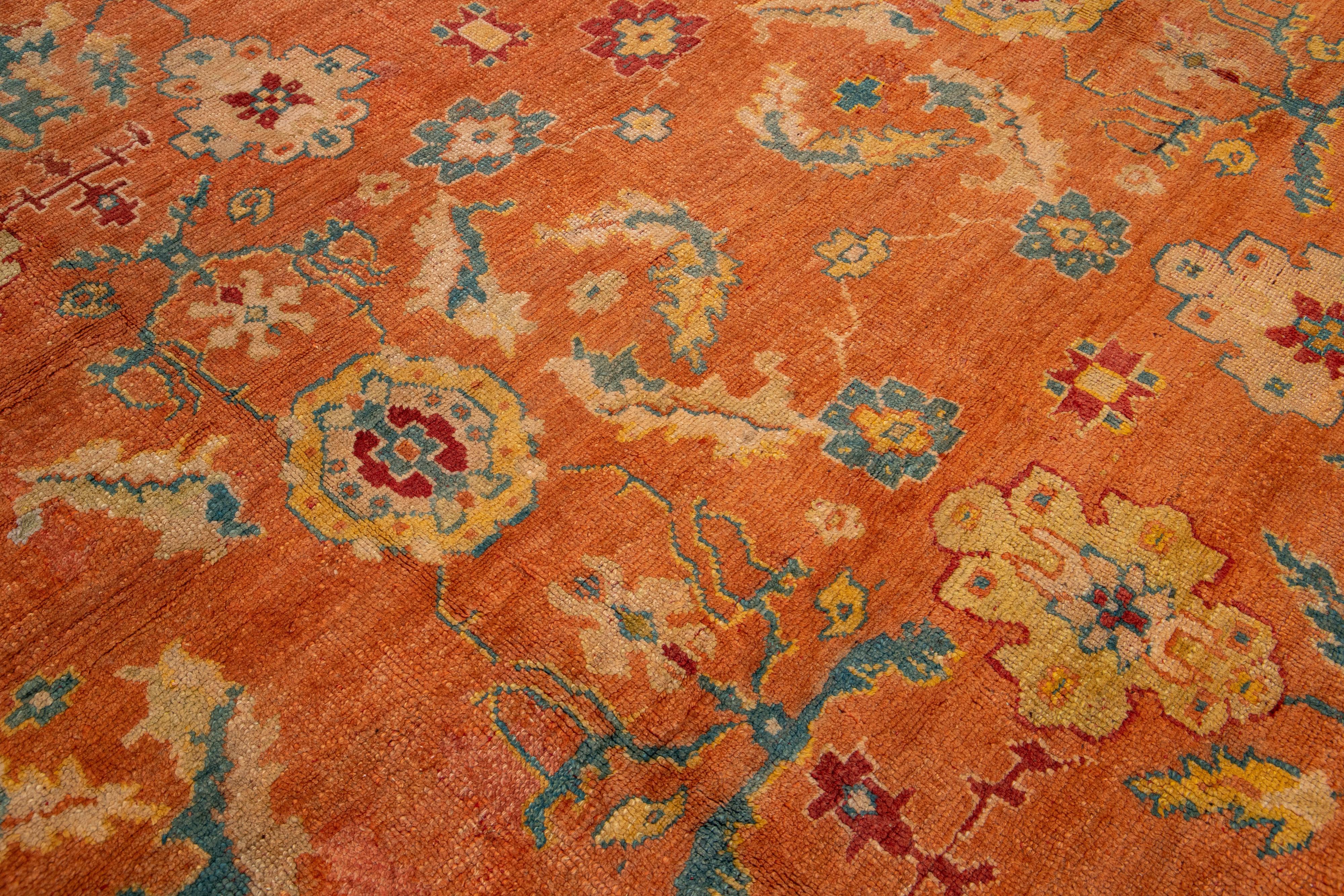 Orange and Blue Antique Turkish Oushak Wool Rug Handmade From the 1880s For Sale 2