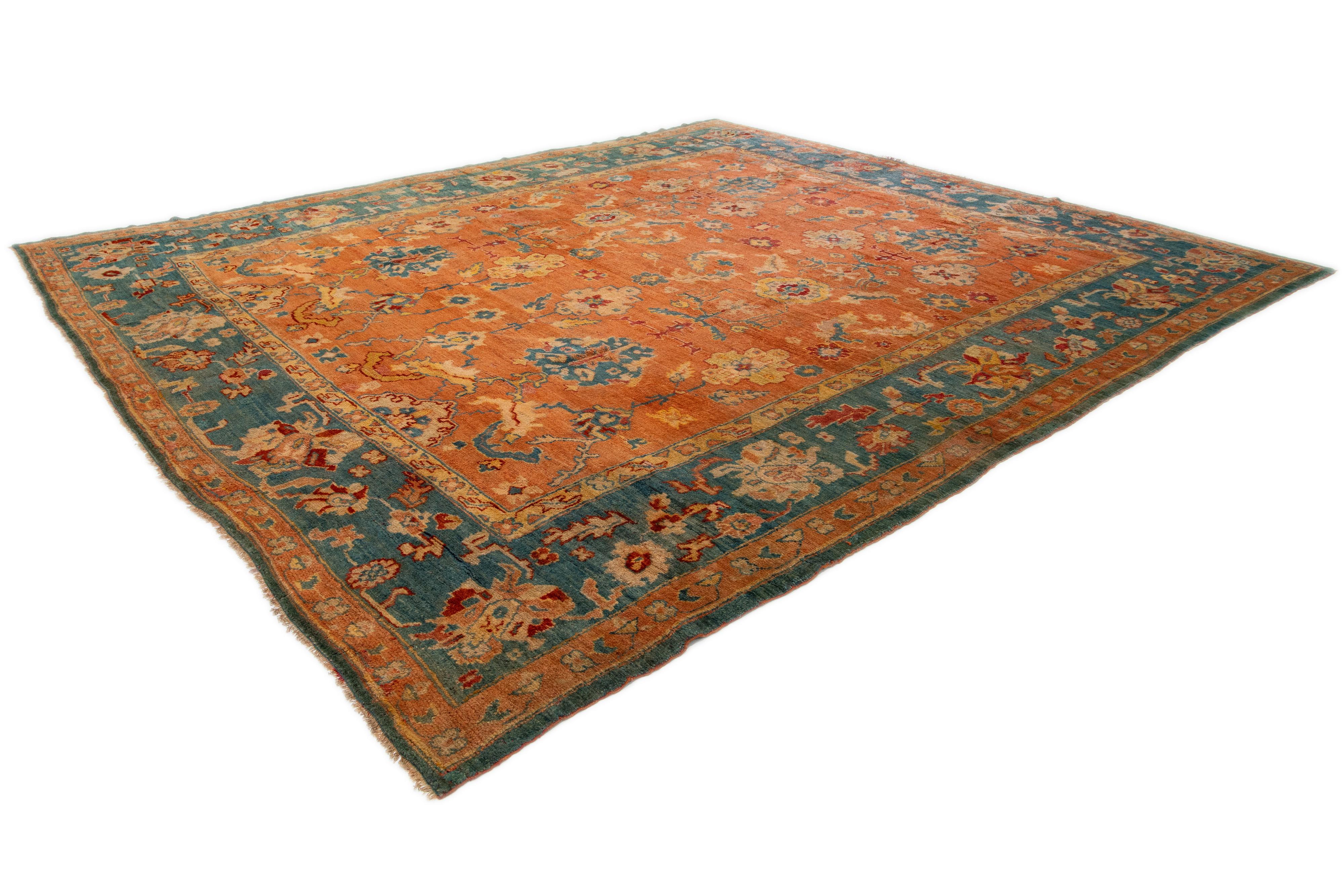 Orange and Blue Antique Turkish Oushak Wool Rug Handmade From the 1880s For Sale 4