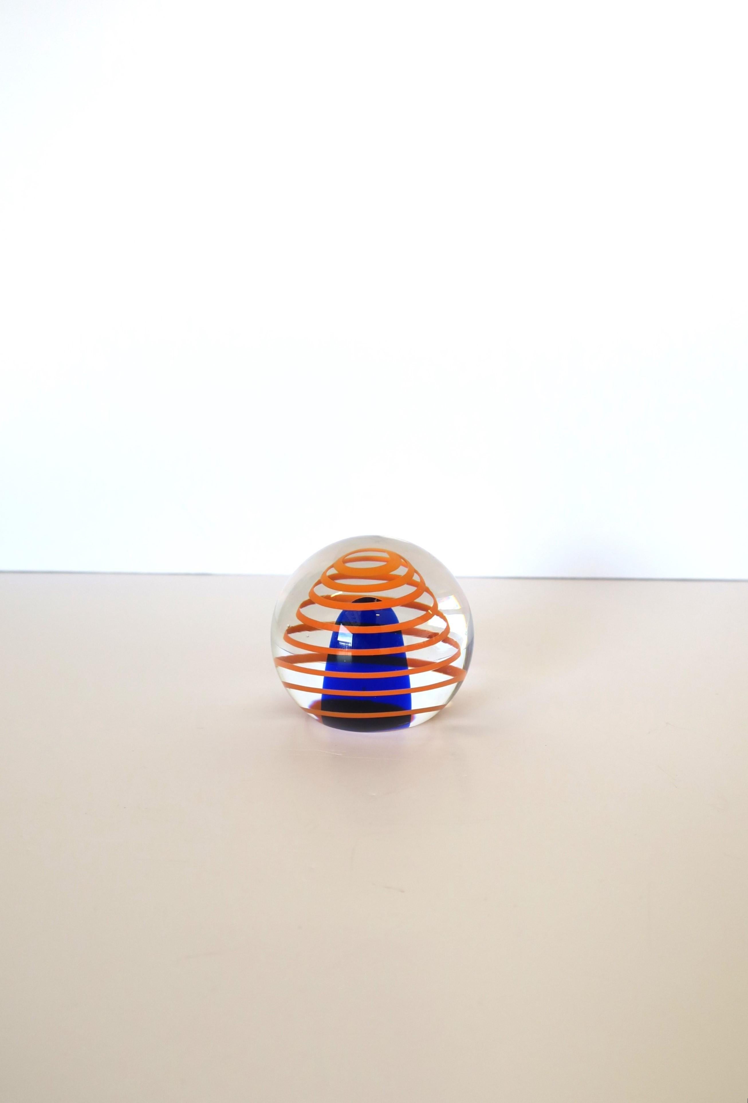 Mid-Century Modern Orange and Blue Art Glass Sphere Paperweight Decorative Object Signed For Sale