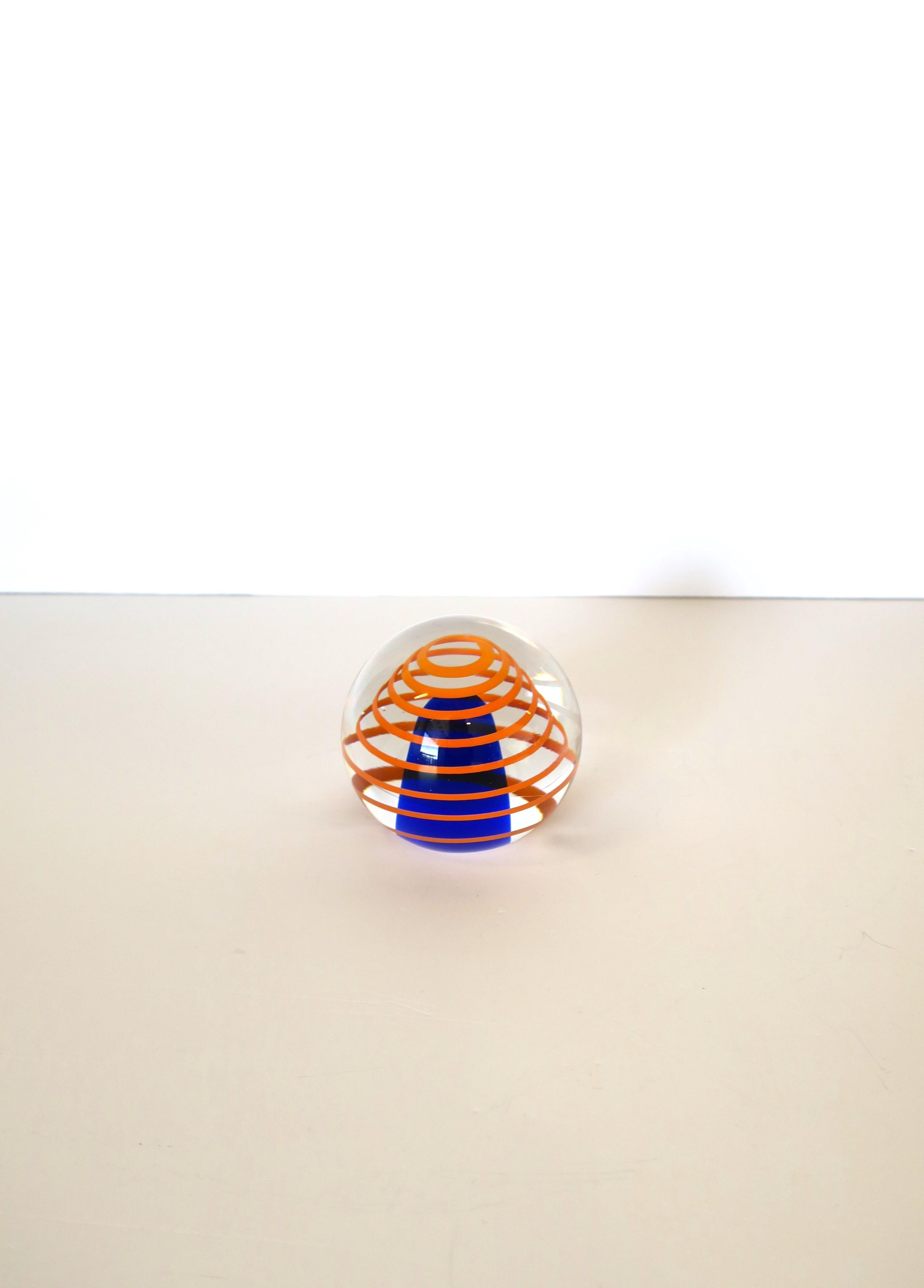 Czech Orange and Blue Art Glass Sphere Paperweight Decorative Object Signed For Sale