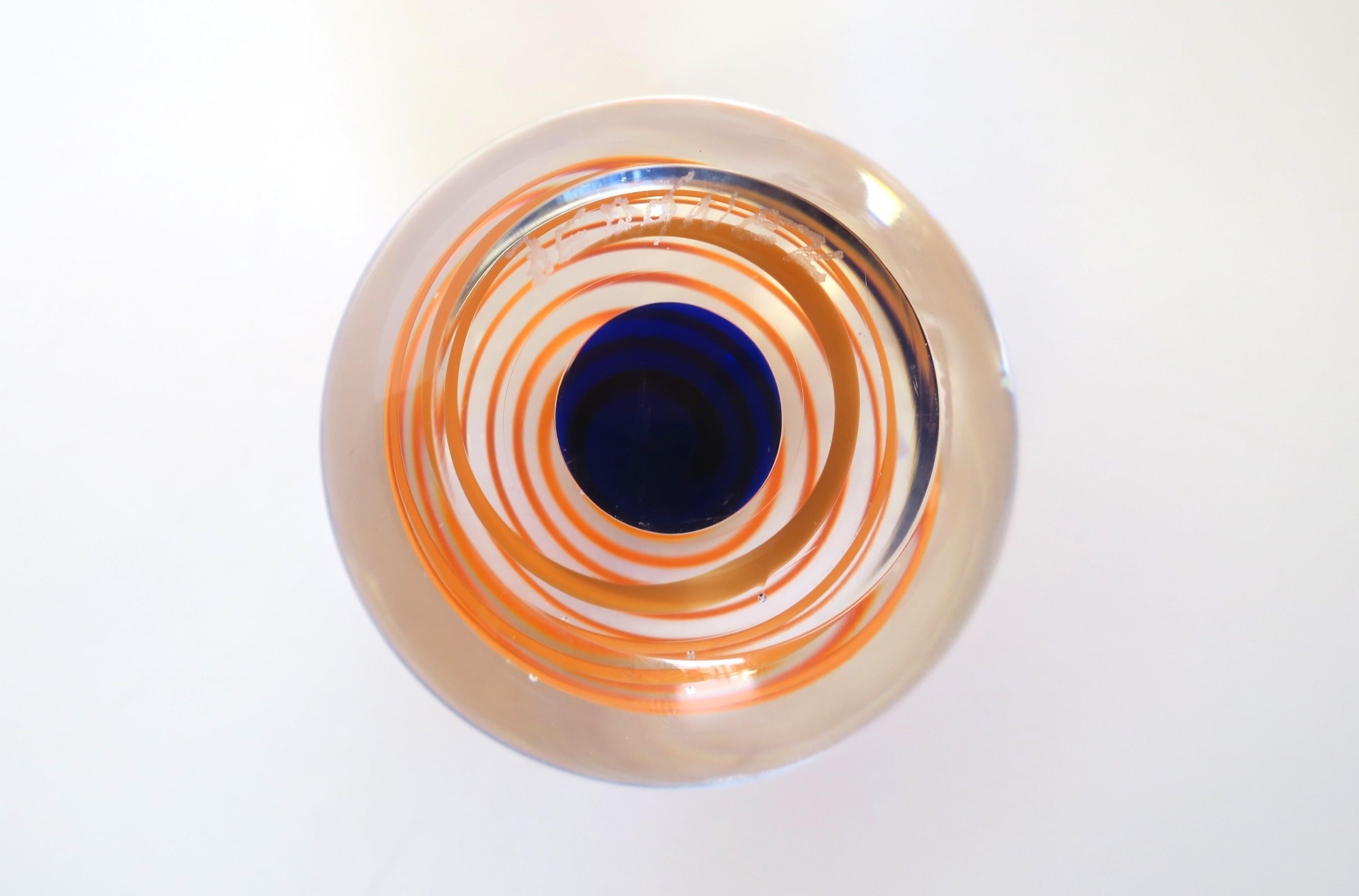 Orange and Blue Art Glass Sphere Paperweight Decorative Object Signed In Excellent Condition For Sale In New York, NY