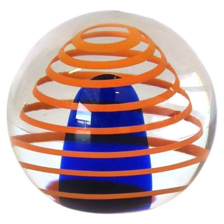 Orange and Blue Art Glass Sphere Paperweight Decorative Object Signed For Sale