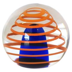 Orange and Blue Art Glass Sphere Paperweight Decorative Object Signed