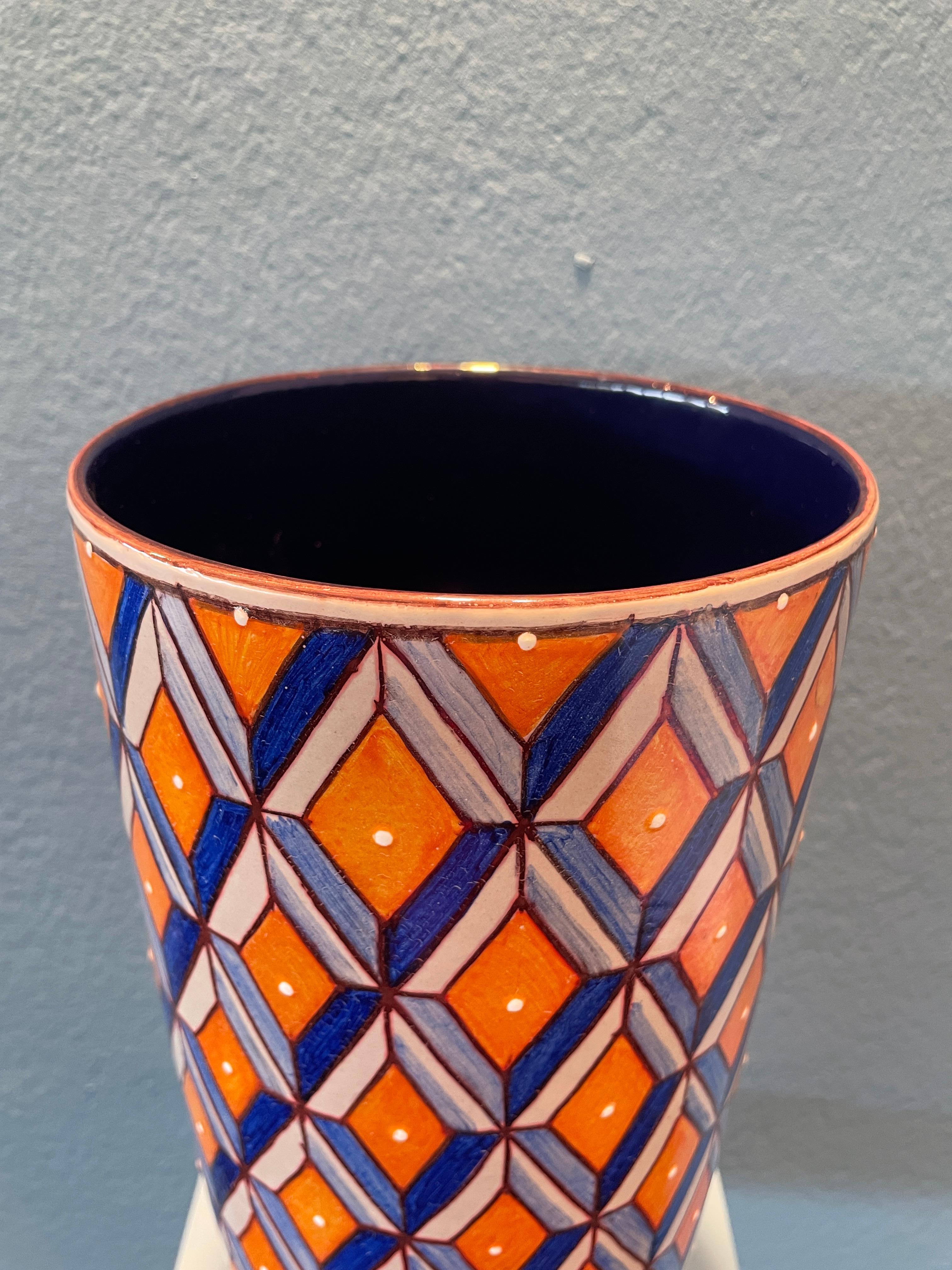 Hand-Painted Orange and Blue Ceramic Vase Hand Painted Majolica Italy Contemporary For Sale