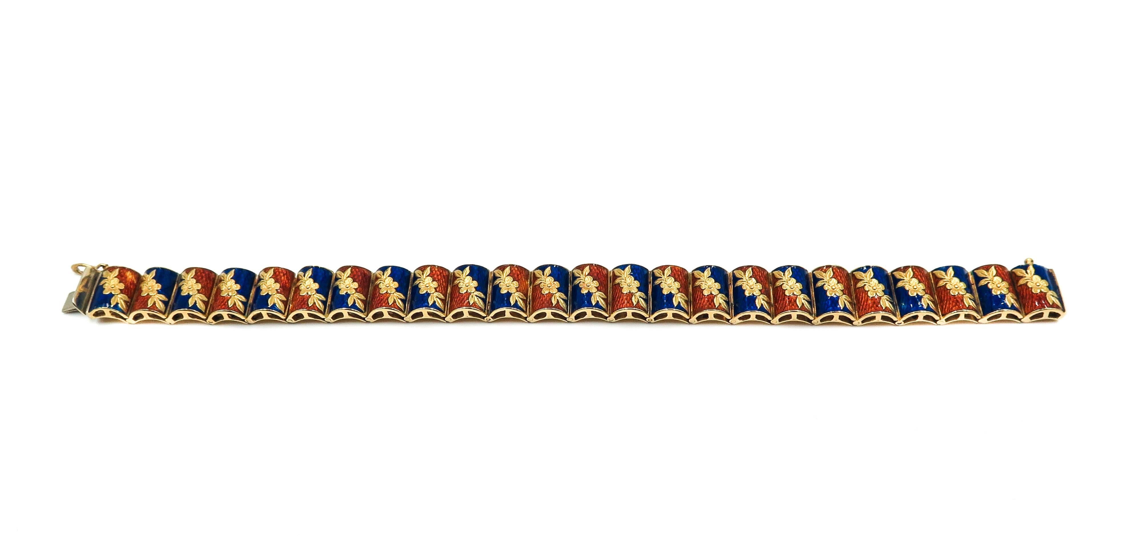 Orange and Blue Enamel Yellow Gold Bracelet In Excellent Condition In Greenwich, CT